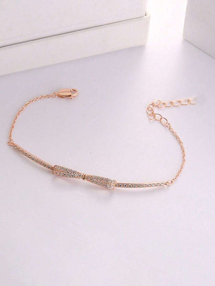 1pc Fashion Luxury Copper Rose Gold Hollow Bow Cubic Zirconia Bracelet, Gift For Women, Party & Daily Wear