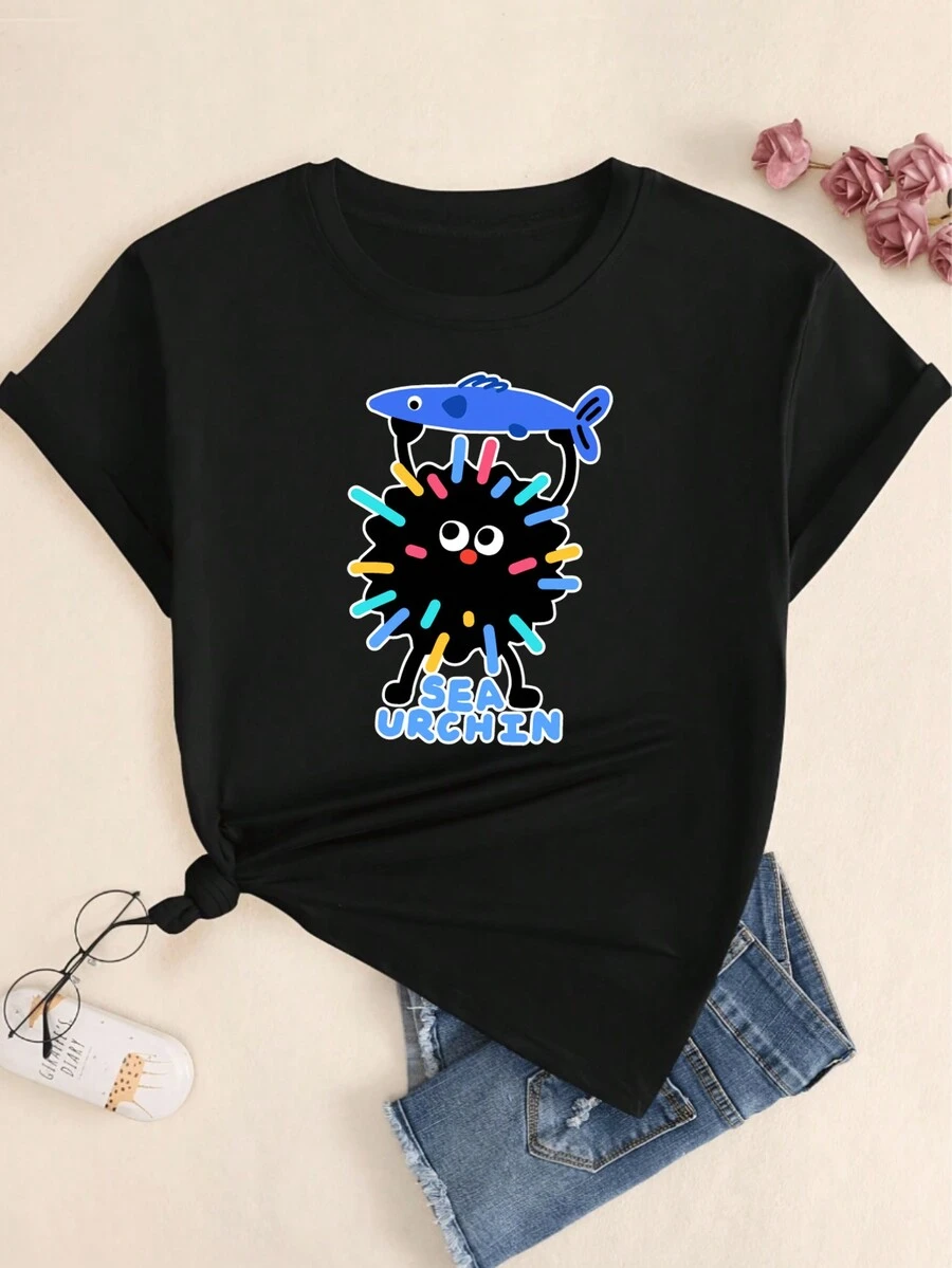 Sea Urchin Printed T-Shirt Women's Blouse Streetwear Comfortable - 黑色 - 查看 1