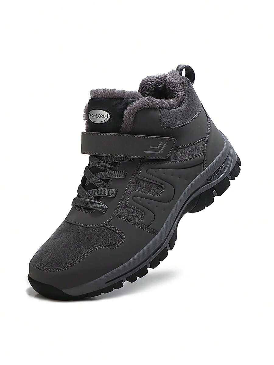2024 Winter Men's Sneakers Boots, Fleece-Lined Hiking Shoes, TPR Sole Anti-Slip Ankle Boots, Leather Warm Snow Boots - Grey - View 1