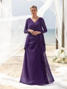 Mother Of The Bride Dresses Elegant Long Sleeve Dress - Purple - View 4