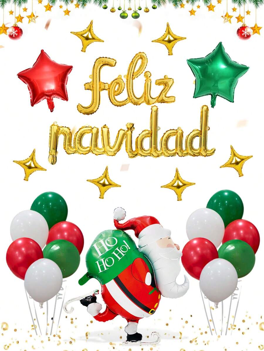 34 件/套金色“Feliz Navidad”圣诞老人装饰气球,包括红色和绿色星形气球、铝箔气球,适用于圣诞派对装饰、新年派对、圣诞节道具、拍照亭背景、圣诞家庭派对用品 - 彩色 - 查看 1