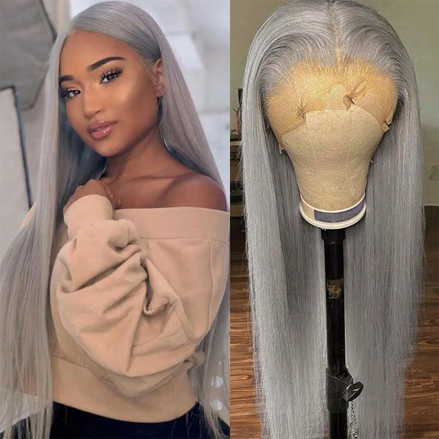 Gorgeous Gray Lace Front Wigs Wear And Go Wig Pre Plucked Long Straight Hair Wig Glueless Grey Colored Wigs Silver Ready To Wear Wigs Heat Resistant Synthetic Lace Front Wigs For Fashion Women For Daily Christmas Party Cosplay Use - 灰色 - 查看 1