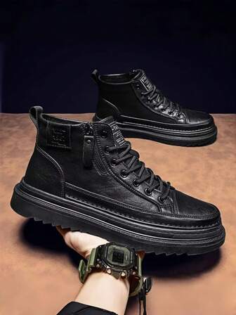 New Men High-Top Leather Motorcycle Boots, Fashionable Casual Retro British Style Work Boots