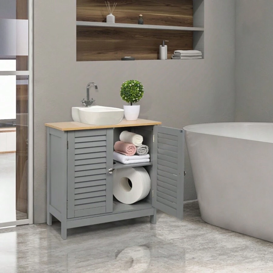Modern Double Shutter Door MDF Spray Paint Bathroom Sink Gray