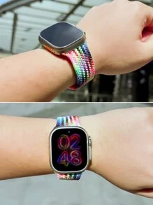 编织弹力单圈表带，兼容 Ultra 49mm/45mm/44mm/46mm/42mm/41mm/40mm/38mm 男女款，柔软尼龙弹性编织腕带，可替换 Ultra 2/3、Series 11/10/9/8/7/6/5/4/3/2/1/SE，是送给返校学生的理想礼物。 - 彩虹 - 查看 6