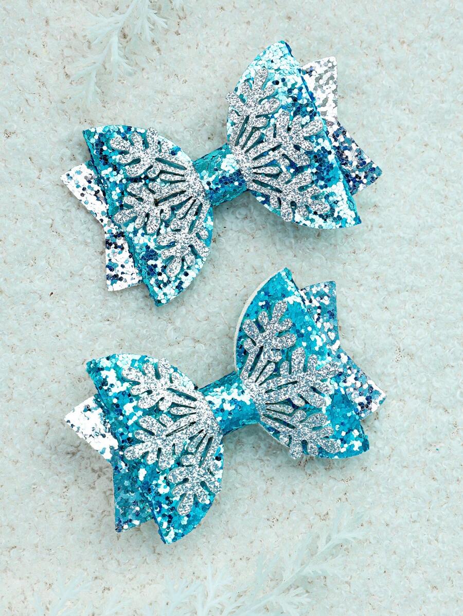 قطعتان من مشابك الشعر بشكل فيونكة زرقاء، إكسسوارات شعر مزينة بنجمات الثلج اللامعة، زينة شعر عصرية لرأس السنة، مناسبة كهدايا لحفلات الأطفال - دبوس الشعر القوس - مشاهدة 1