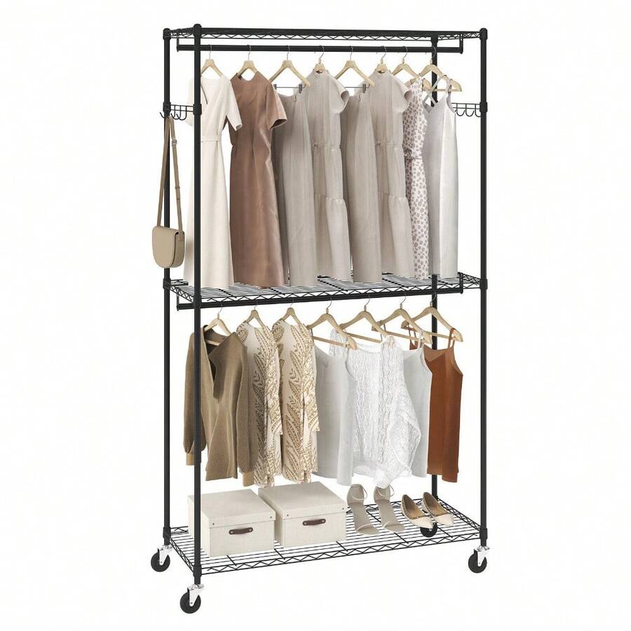 VEVOR Clothes Rack Rolling Clothing Garment Rack With 3 Storage Tiers