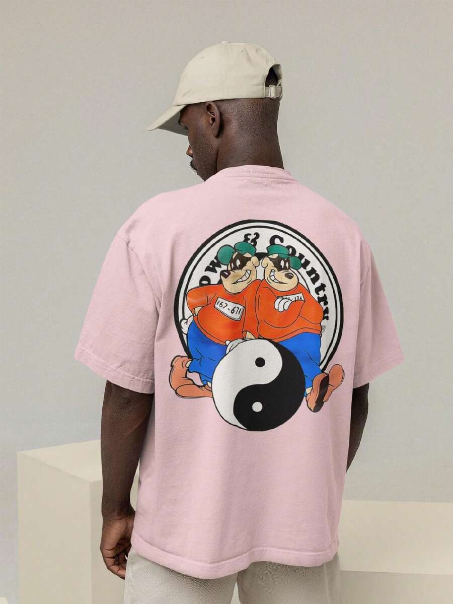 Men's Oversized T-Shirt 100% Premium Cotton Yin Yang Brothers Machine Gun Shirt Streetwear - 淺粉色 - 查看 1