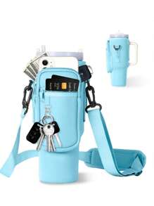 1 pieza de bolsa portadora de botella de agua con bolsillo para teléfono + 1 pieza de funda de pajita de color aleatorio para vaso aislado de 40/30 Oz, funda de botella de agua de neopreno con correa ajustable, gancho para llaves, adecuado como regalo de Navidad, regalo de Año Nuevo