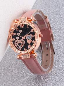 1 Pc Girls Pink PU Strap Cute Rhinestone Heart Shaped Dial Quartz Watch & 5 Pcs Rhinestone Jewelry Set Gift - Pink - View 3