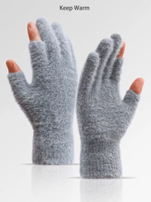 1双时尚暖露两指手套学生书写手套加绒加厚防寒手套 - 彩色 - 查看 1