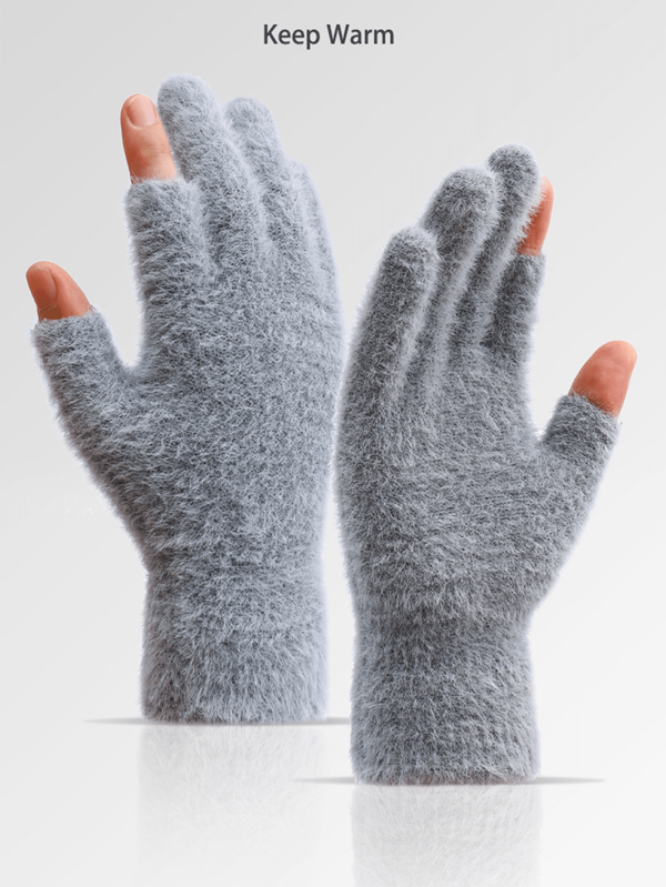 1 Pair Of Fashionable Warm Dew Two-Finger Gloves Student Writing Gloves And Plush Thickened Cold-Proof Gloves