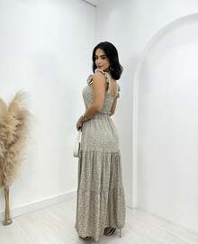 LUXURY ELEGANT LONG DRESS NEW FLOWERY PRINT RUFFLED SLEEVES SUMMER - 灰色 - 查看 2