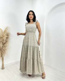 LUXURY ELEGANT LONG DRESS NEW FLOWERY PRINT RUFFLED SLEEVES SUMMER - 灰色 - 查看 1