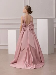 女童蝴蝶结露背拖尾复活节派对礼服，优雅公主礼服，适合生日、派对、舞会、婚礼、伴娘、花童和其他重要场合 - 粉色 - 查看 1