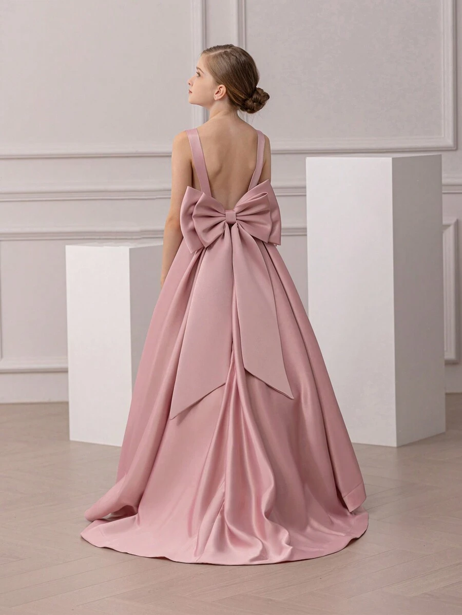 女童蝴蝶结露背拖尾复活节派对礼服，优雅公主礼服，适合生日、派对、舞会、婚礼、伴娘、花童和其他重要场合 - 粉色 - 查看 1