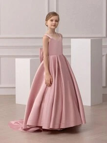 女童蝴蝶结露背拖尾复活节派对礼服，优雅公主礼服，适合生日、派对、舞会、婚礼、伴娘、花童和其他重要场合 - 粉色 - 查看 3