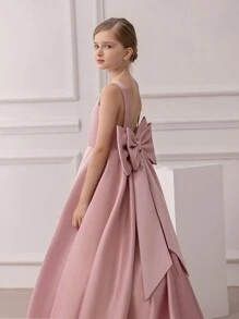 女童蝴蝶结露背拖尾复活节派对礼服，优雅公主礼服，适合生日、派对、舞会、婚礼、伴娘、花童和其他重要场合 - 粉色 - 查看 5