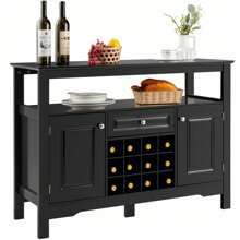 Wooden Storage Cabinet Freestanding Bar Buffet Sideboard With Wine Rack Drawer - 黑色 - 查看 1
