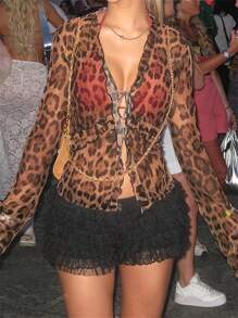 Top sexy de mujer tipo body con estampado de leopardo transparente, tipo cárdigan con cordones y manga larga, Y2K para mujer