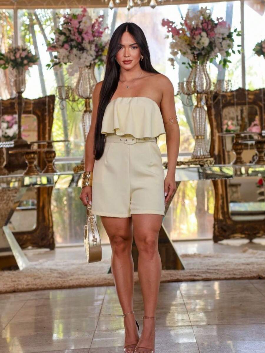 Premium Tailored Jumpsuit With Fringe And Elegant Belt Spring/Summer Fashion - Mentega Kuning - View 1