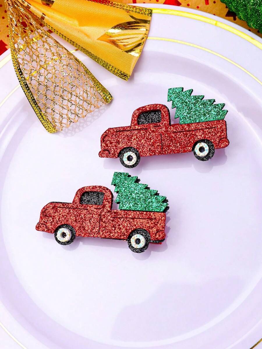 2 件圣诞红色汽车发夹女童闪亮圣诞发夹全衬里发夹幼儿女孩节日派对头饰新年圣诞礼物儿童婴儿发饰 - 彩色 - 查看 1