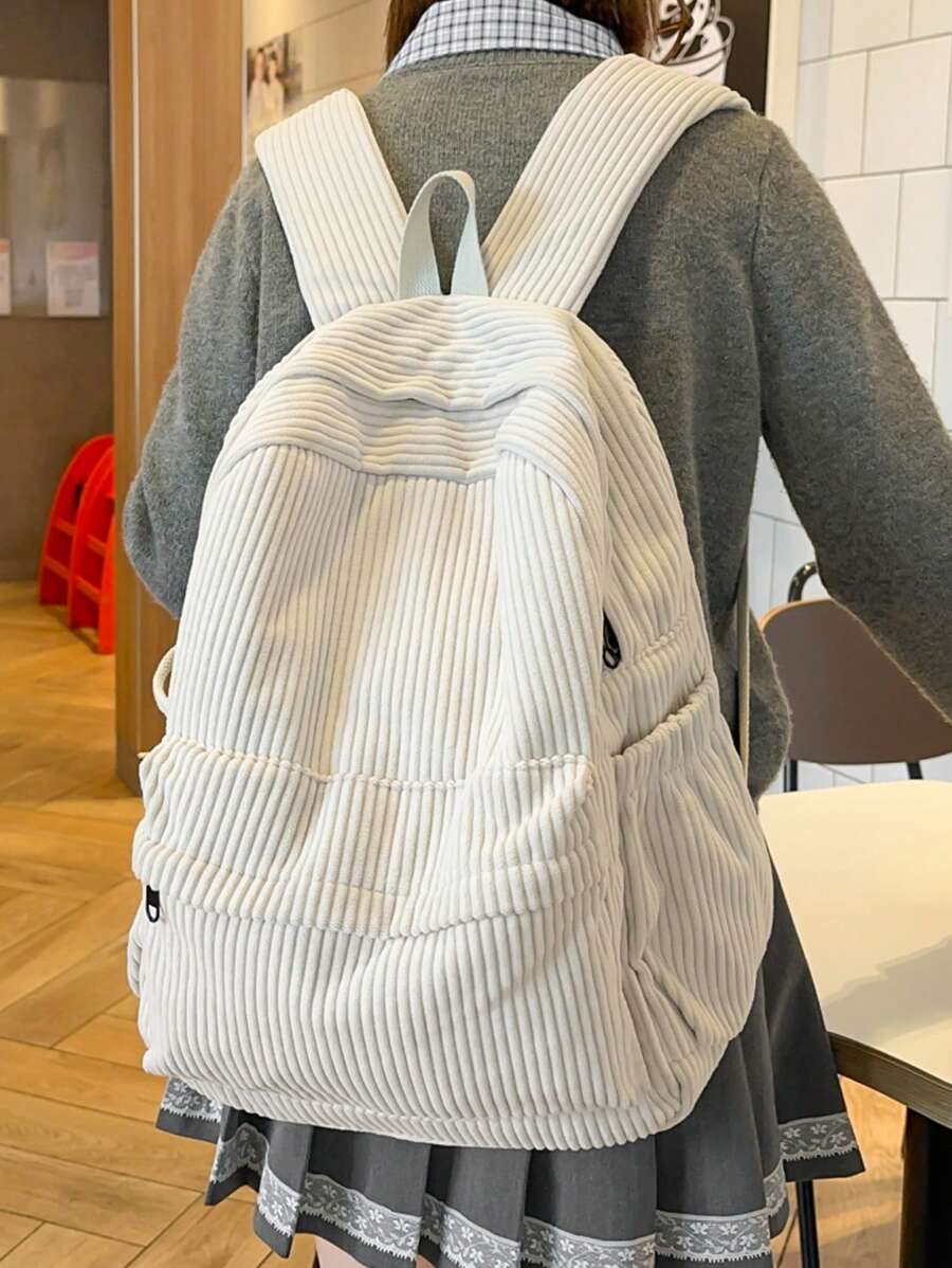 Women Large Size Solid Color Corduroy Minimalist Backpack, Soft High