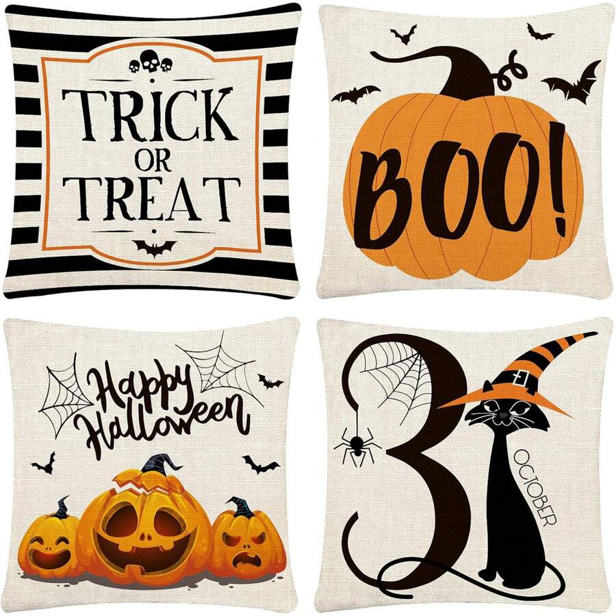 4 pièces Taie d'oreiller d'Halloween Trick-Or-Treating, sans sucre, taie d'oreiller, Joyeux Halloween, lin canapé, lit, housse de coussin à lancer, décoré d'un côté, sans oreiller - orange noir - Voir 1