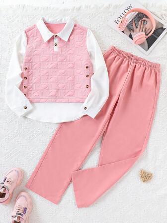 青少年女孩个性化心形和字母图案两件套，休闲风格，秋季