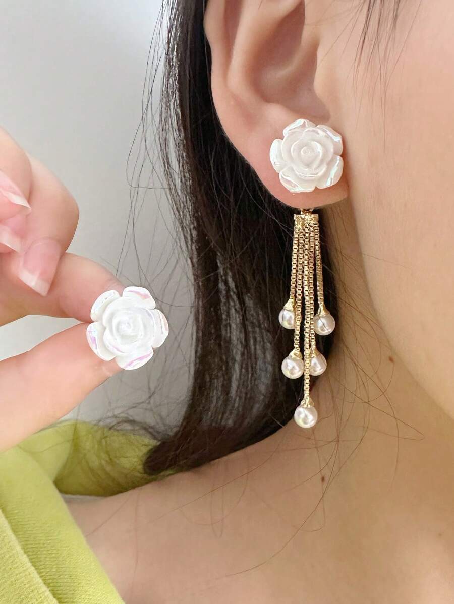 1 对时尚彩色花朵配长珍珠流苏耳钉，适合女士 - 彩色 - 查看 1