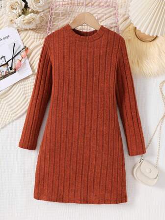 Tween Girl 1pc Solid Color Bodycon Dress, 8-12 Years Old, Autumn/Winter, Multi-Colors Available