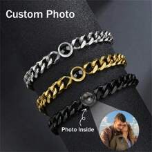 1pc Customized Photo Engraved Titanium Steel Cuban Link Bracelet, Personalized Photo Projection, Unisex - Multicolor 2 - View 2