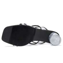 Women's Two Straps Clear Heels Slip On Square Toe Rhinestone Transparent Clear Block Heel Sandals - 黑色 - 查看 8