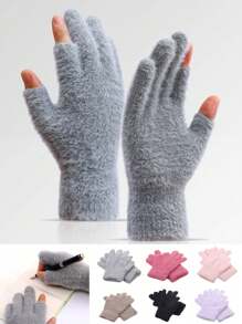 1双时尚暖露两指手套学生书写手套加绒加厚防寒手套 - 彩色 - 查看 12