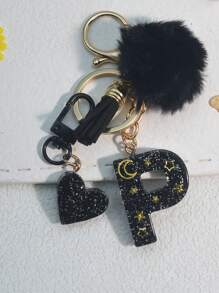 1 件树脂星空环氧字母钥匙扣，带流苏和黑色毛球装饰，送给朋友和母亲的礼物，汽车配件包饰，书包挂绳，带身份证夹，汽车配件包饰 - 黑色 - 查看 33