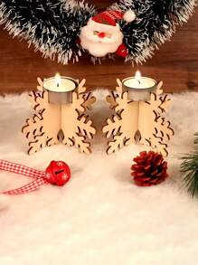 Set de 4 portavelas de madera con forma de copo de nieve, pulidos y adecuados para la decoración navideña de la mesa y la sala de estar (velas no incluidas)