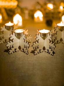 Set de 4 portavelas de madera con forma de copo de nieve, pulidos y adecuados para la decoración navideña de la mesa y la sala de estar (velas no incluidas)