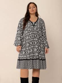 Rusttydustty 女式大码波西米亚风复古 V 领宽松休闲长袖连衣裙 - 黑與白 - 查看 5