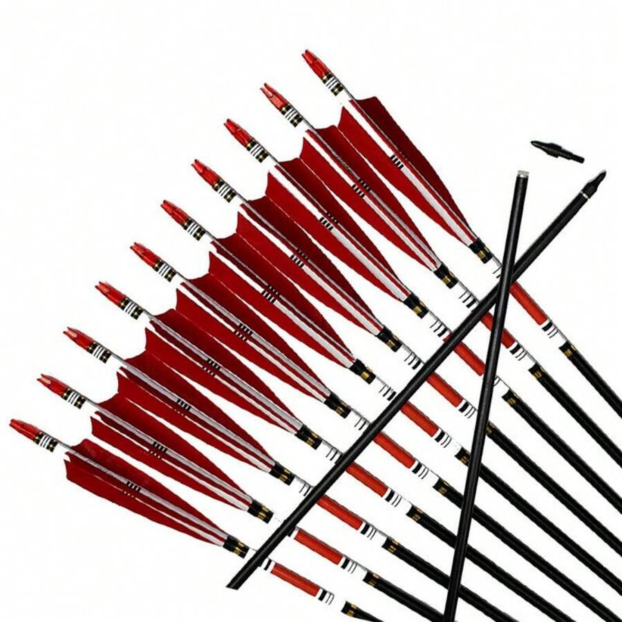 12PCS Red Turkey Feather 31 Inches Carbon Arrows Replacement Tips Targeting Arrows Archery For Recurve Longbow Hunting & Practice - Red - View 1
