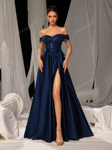 Faeriesty Elegant Shimmering Sequin-Satin Evening Gown With Side-Slit Design | Luxury Gala Look For Weddings, Parties Or High-End Events Party Dress Wedding Guest Dress Formal Dress Evening Dress