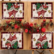 4 pièces/1 pièce Sets de table en lin à carreaux avec nain de Noël et flocon de neige, décoration de table pour fête de Noël