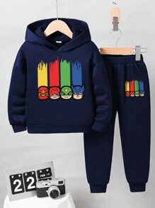 年轻男孩卡通印花保暖连帽运动衫和运动裤套装 - 寶藍色 - 查看 1