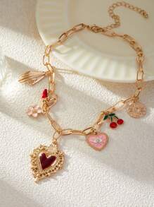 1 件金属心形小盒吊坠项链，带樱桃邪眼辣椒太阳吊坠珠宝礼物情人节、妈妈、母亲、母亲节、礼物 - 多吊墜項鍊 - 查看 3