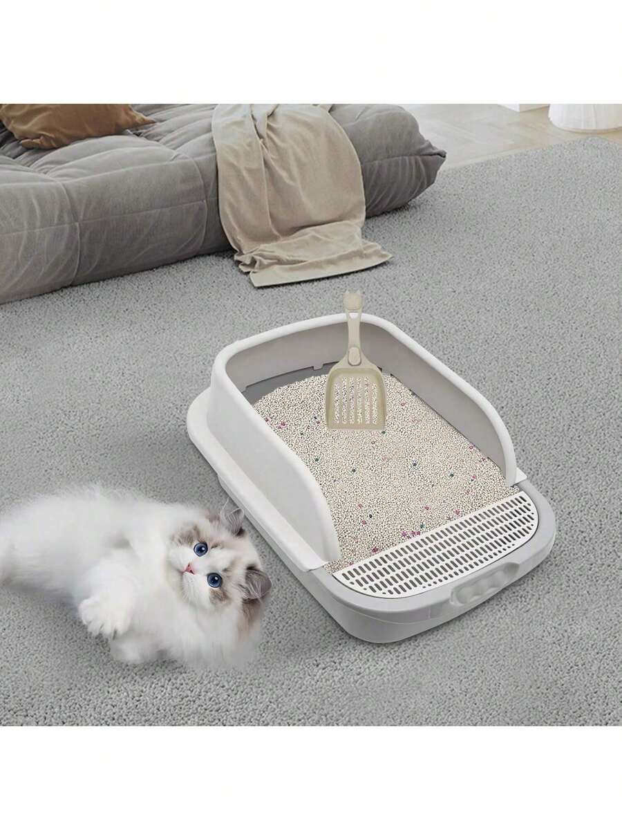 CNCEST Cat Litter Box SemiOpen Cat Litter Box With Shovel Open Top Cat