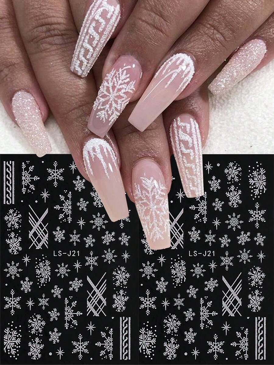 2 tờ nhãn dán móng tay Giáng sinh 3D phản quang lấp lánh sáng bóng hình bông tuyết bạc trắng thanh trượt để trang trí móng tay - trắng - Xem 1