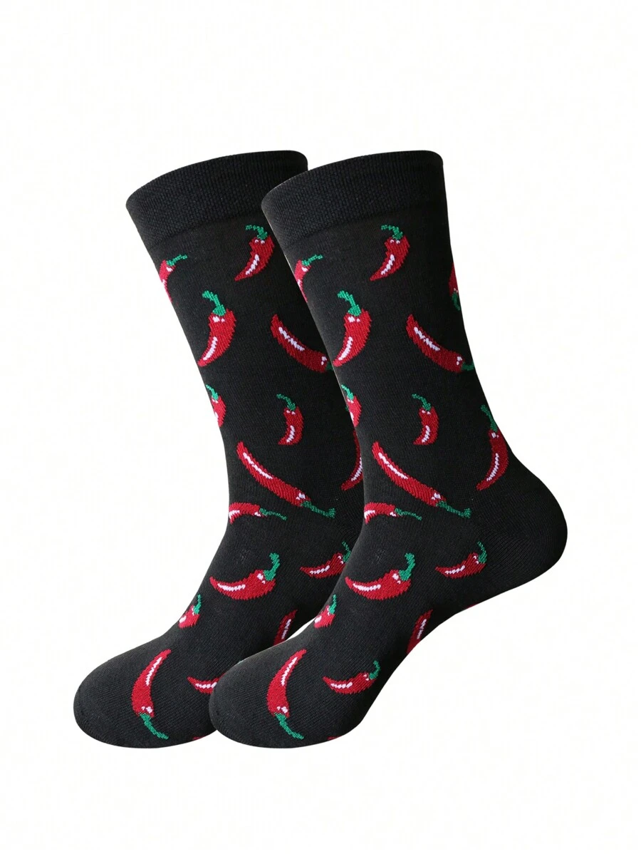 1pair Men Chili Pepper Pattern Mid-Calf Socks, Fall Socks - Multicolor - View 1