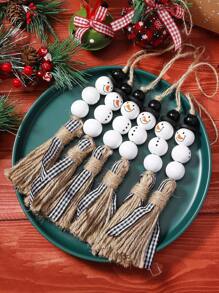 1/2pcs Snowman Wooden Beads Hanging Ornament Christmas Snowman Beads Garland Farmhouse Wooden Christmas Tree Ornaments With Plaid Tassel For Christmas Hanging Decorations