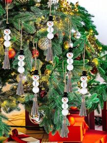1/2pcs Snowman Wooden Beads Hanging Ornament Christmas Snowman Beads Garland Farmhouse Wooden Christmas Tree Ornaments With Plaid Tassel For Christmas Hanging Decorations