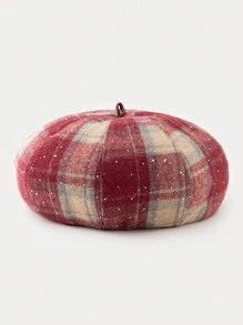 1 件装女士新款复古时尚格子图案贝雷帽，镶有水钻，百搭设计，适合秋冬季 - 彩色 - 查看 7