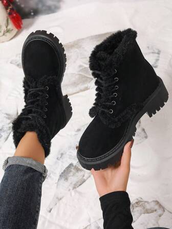 Dammode Casual Tjocka varma beige stövlar, snökängor, moderiktiga mångsidiga fuskmocka lurviga Nya mjuka bekväma vår höst vinter, beige vit svart leopard snörning fleece stövlar Korta stövlar Motorcykel stövlar (slumpmässig färg), Mode matchklänning